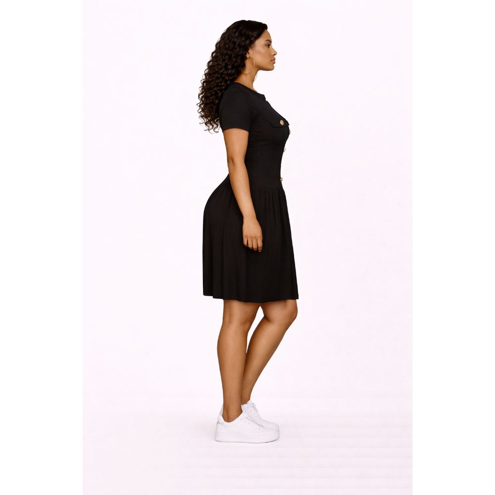 Black Button Detail Flare Mini Dress with Gold Accents